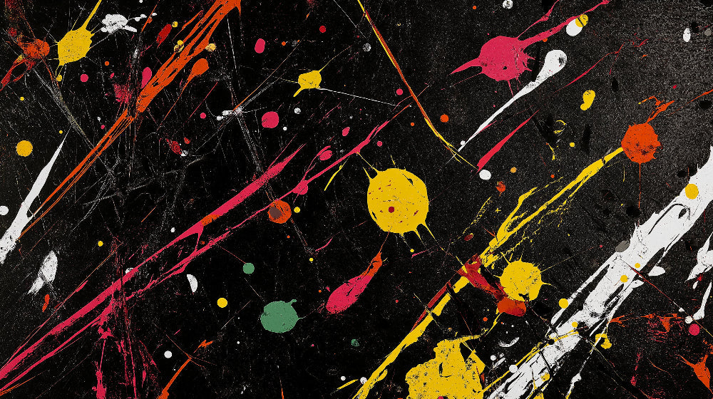 Modern abstract splash wallpaper creating drama in a minimalist living room with high ceilings and natural light