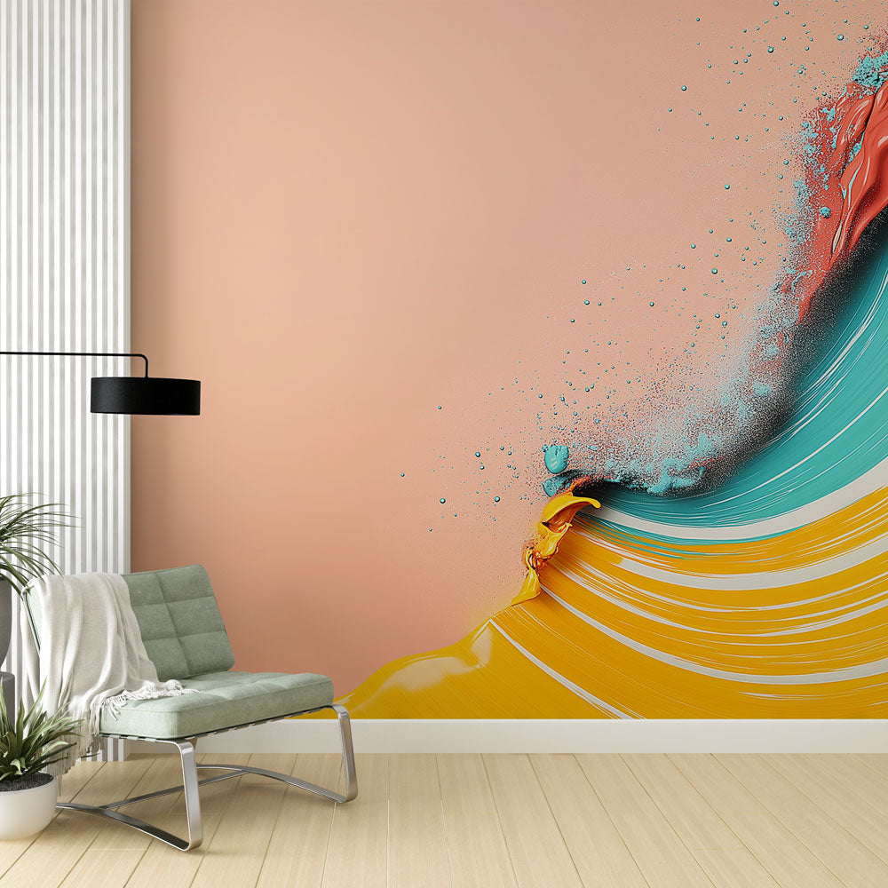 Abstract wave wallpaper in modern living room, coral and turquoise tones creating movement across white walls
