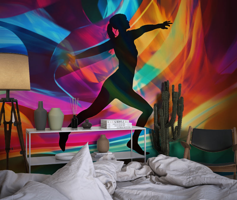 Abstract dance wallpaper bringing vibrant energy to a modern living room with rainbow colors and flowing movement