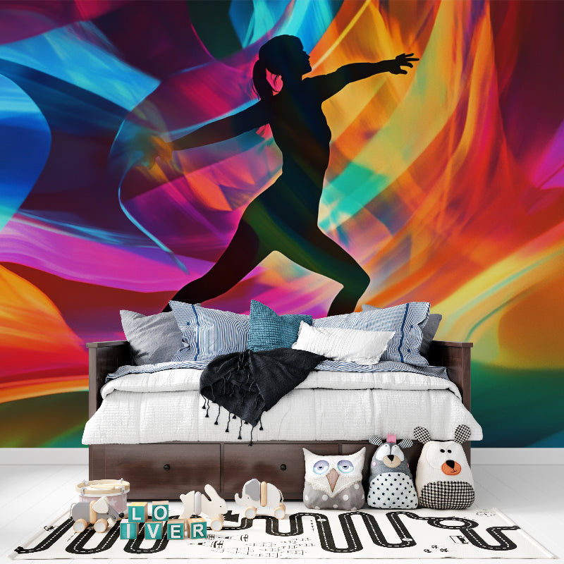 Dance silhouette mural transforming a home dance studio with its colorful abstract design