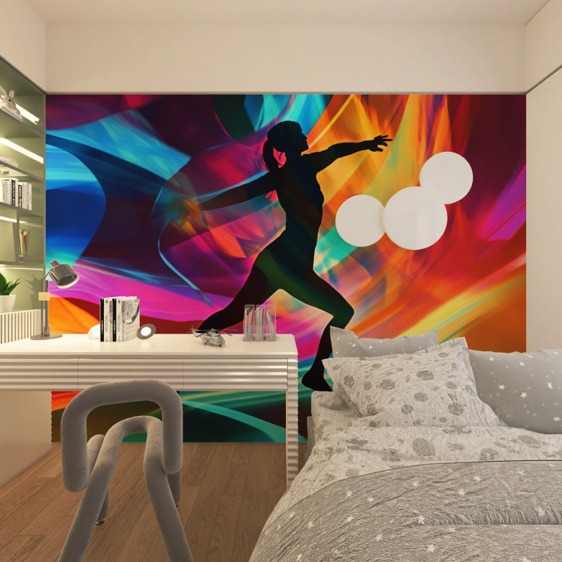 Rainbow abstract wallpaper creating an artistic focal point in a contemporary bedroom