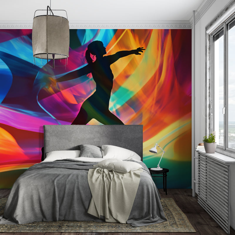 Dynamic dance mural adding color and movement to a minimalist dining room