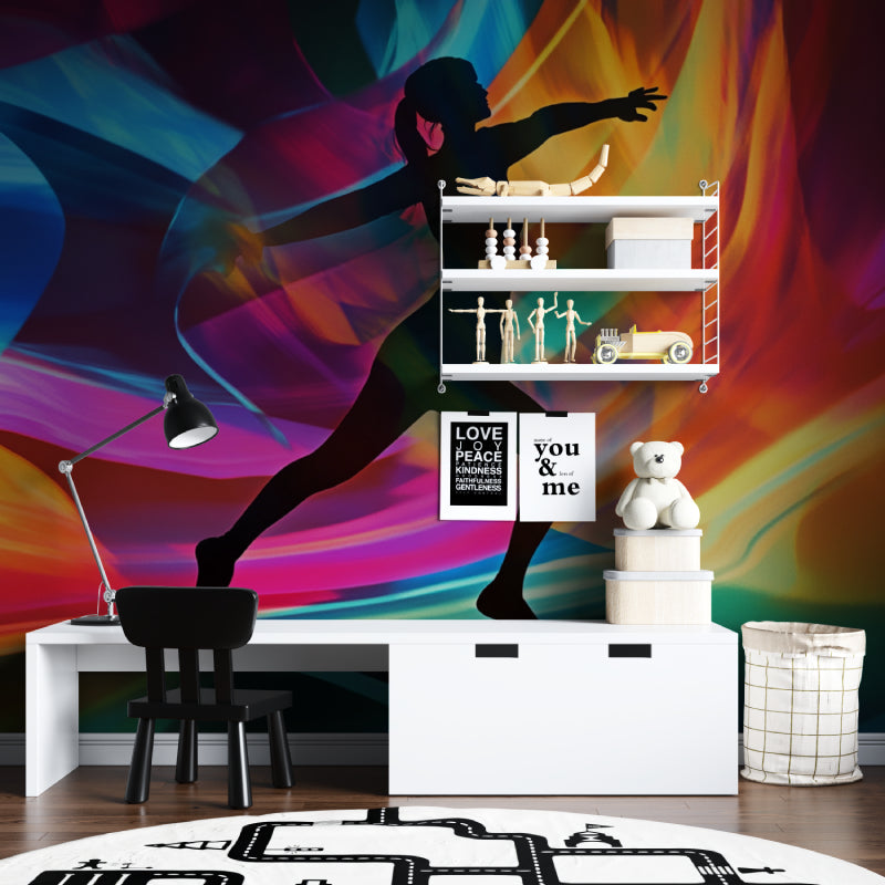 Abstract wall mural brightening up a teen's room with its vibrant rainbow palette