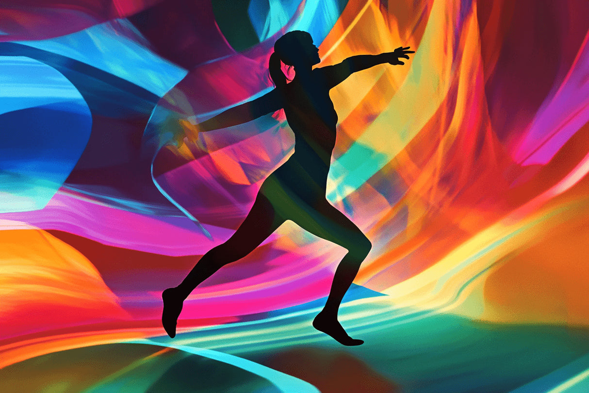 Design file showing detailed rainbow abstract pattern with dancing silhouette