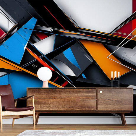Modern Abstract Geometric Wallpaper showcasing bold blue and orange lines in a stylish contemporary living room setting
