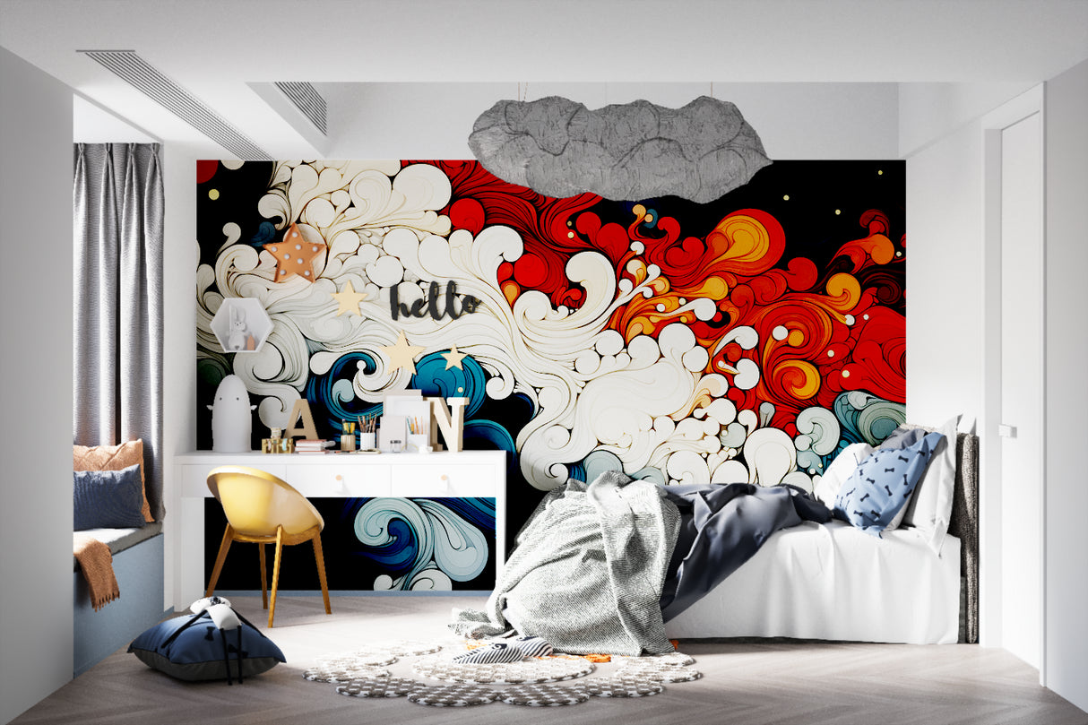 Japanese wave wallpaper creating movement in modern living room with grey sofa and minimal decor