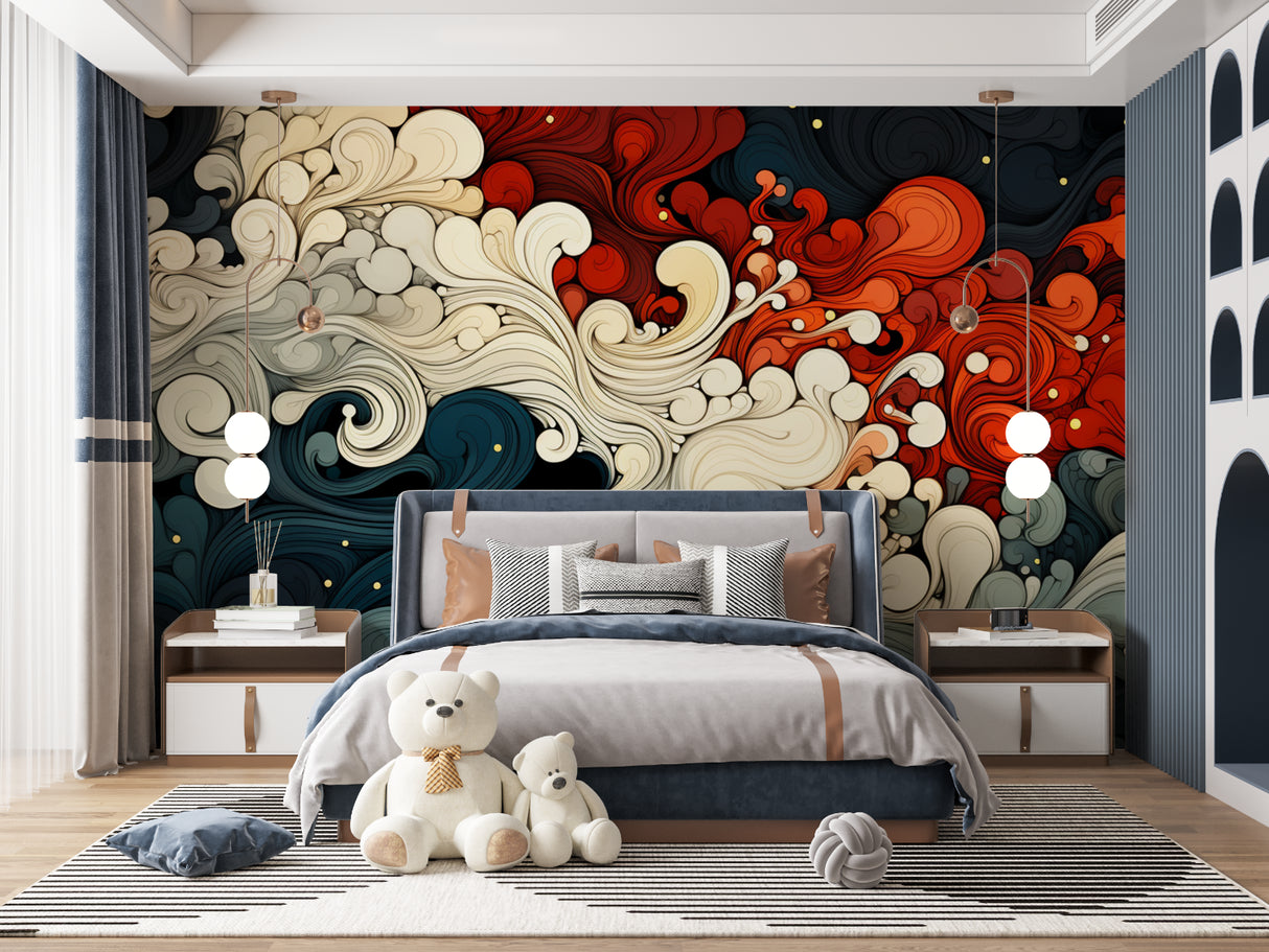 Abstract wave mural in home office setting with clean desk setup and natural lighting