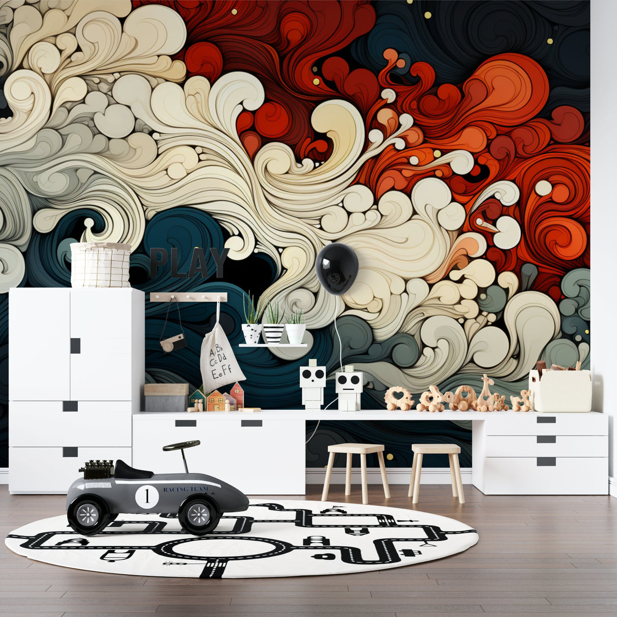 Dynamic wave art wallpaper showcased in contemporary dining room with pendant lights