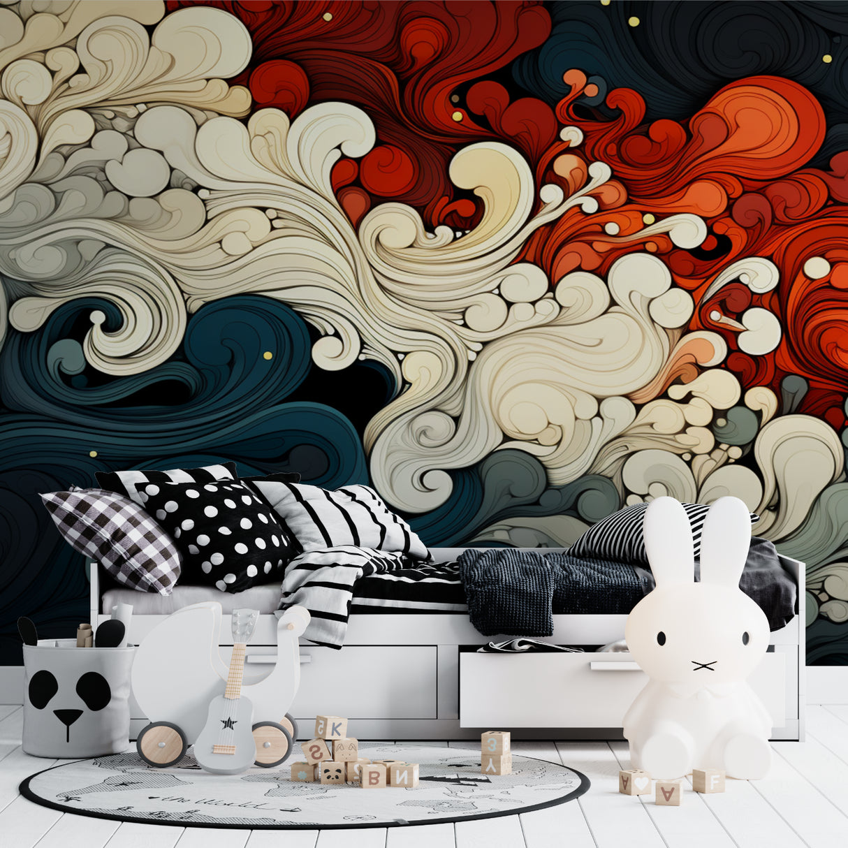 Modern wave pattern displayed in minimalist bedroom with platform bed