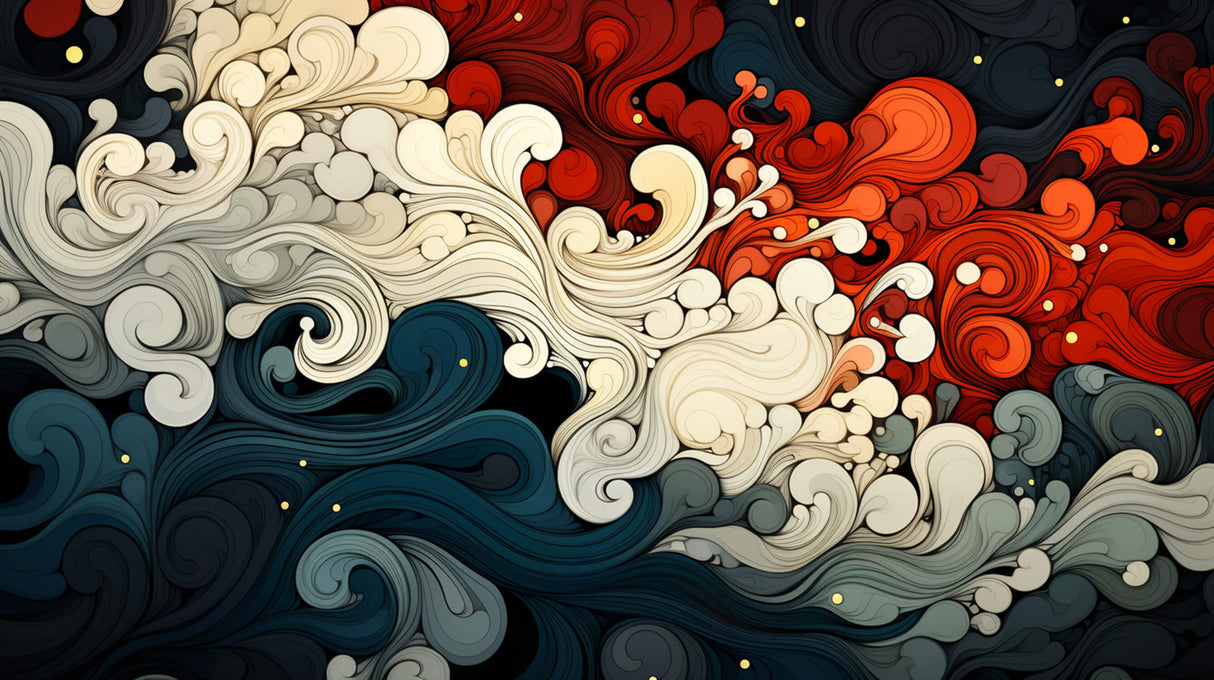 Design file showing intricate details of red and navy Japanese wave pattern with golden accents