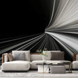 Modern abstract light speed wallpaper creating depth in a minimalist living room with sleek furniture