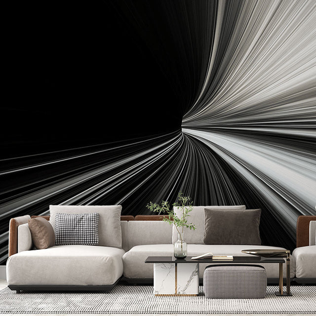 Modern abstract light speed wallpaper creating depth in a minimalist living room with sleek furniture