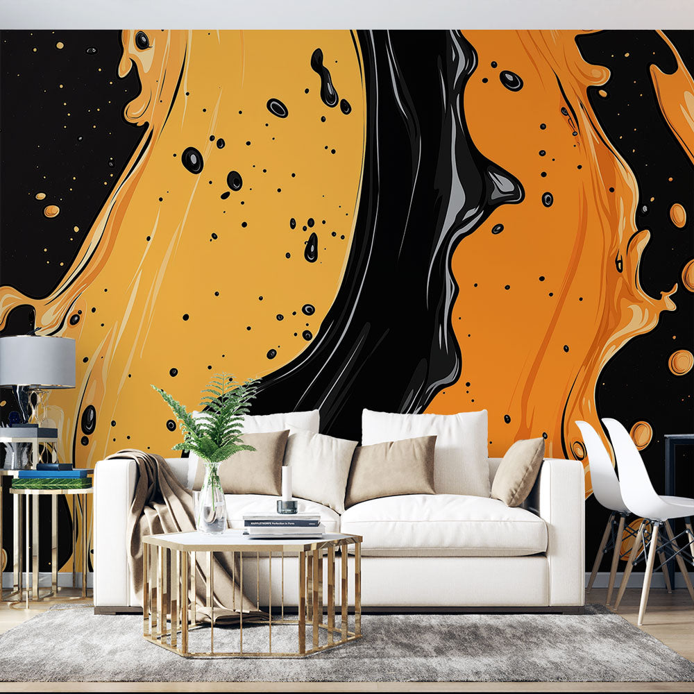 Modern Abstract Orange and Black Fluid Art Wallpaper creating dramatic impact in a minimalist living room setting