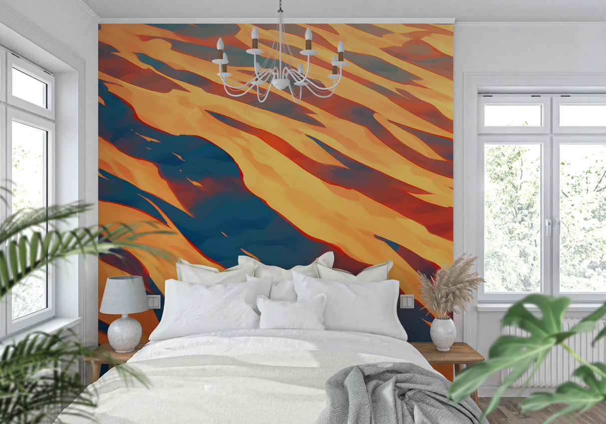 Abstract wave wallpaper in modern living room, orange and blue waves creating movement