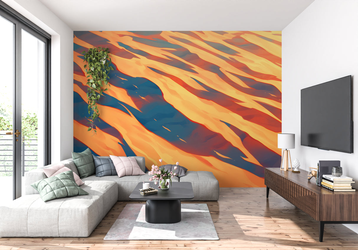 Home office featuring blue and orange abstract wall mural adding energy