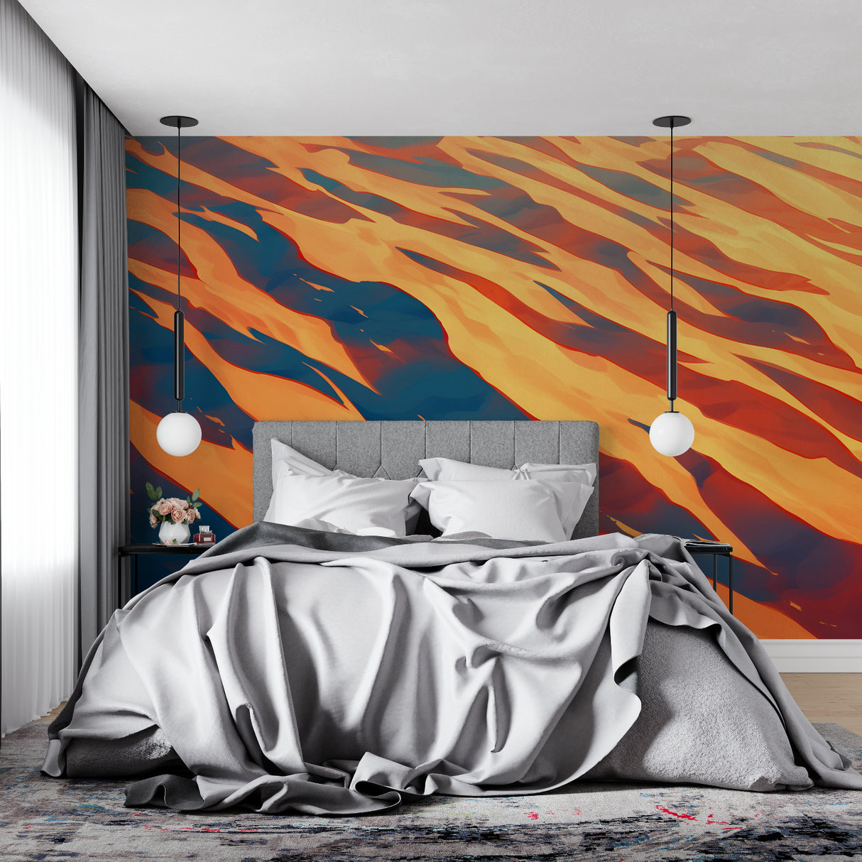Modern dining room with abstract wave wallpaper in vibrant orange and navy