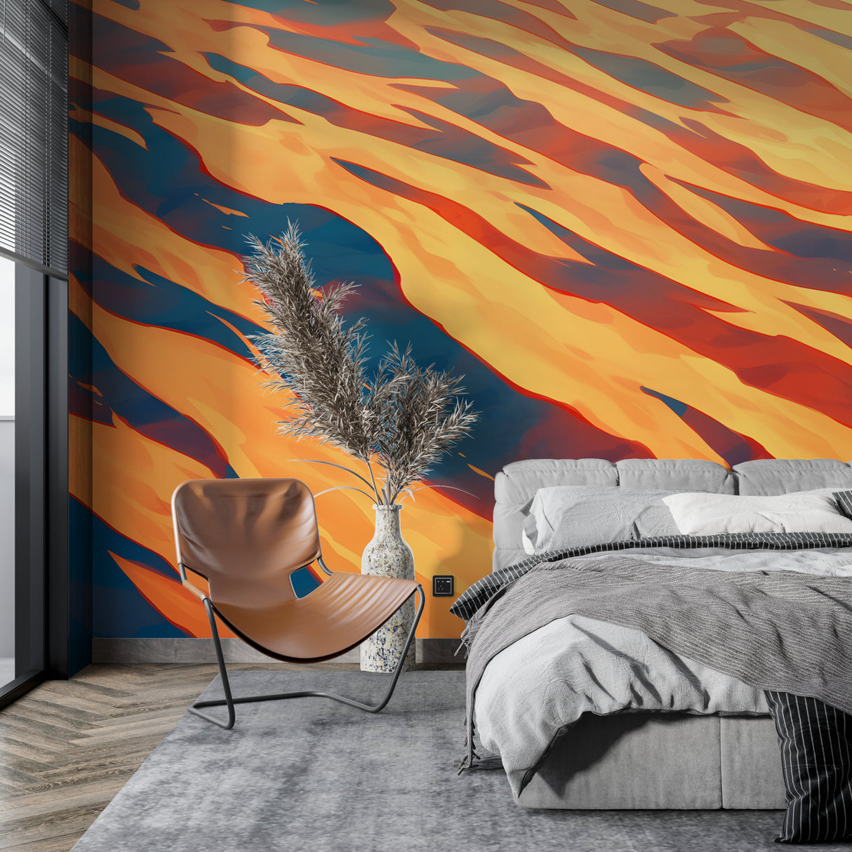 Orange and blue wave mural wallpaper in contemporary bedroom setting