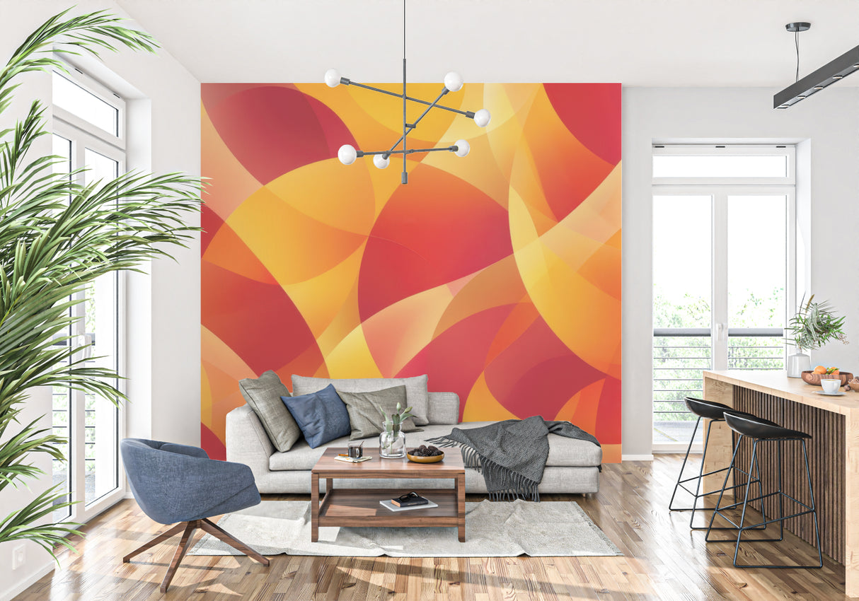 Abstract circle wallpaper creating a warm, modern atmosphere in a minimalist living room setting