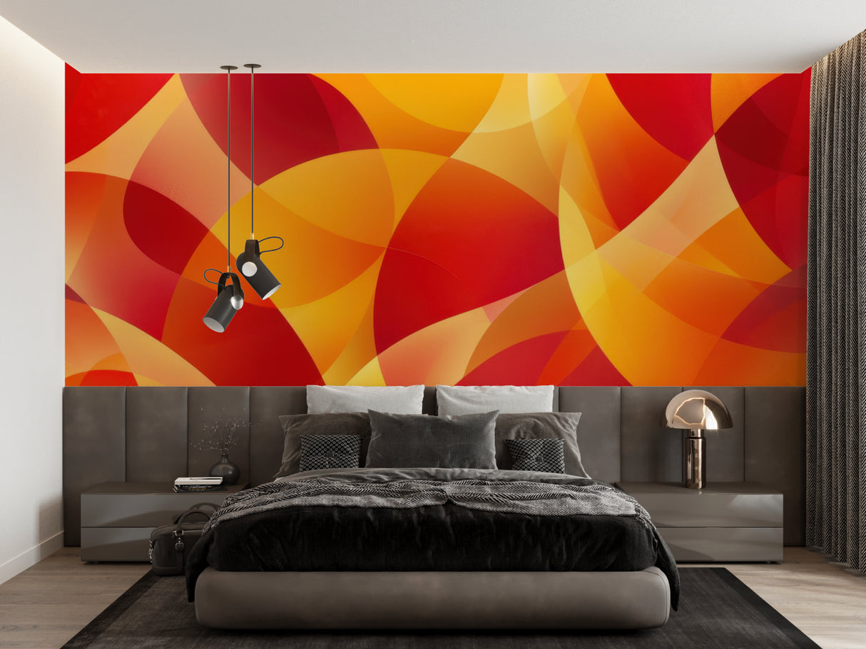 Orange geometric wall mural brightening up a contemporary home office space