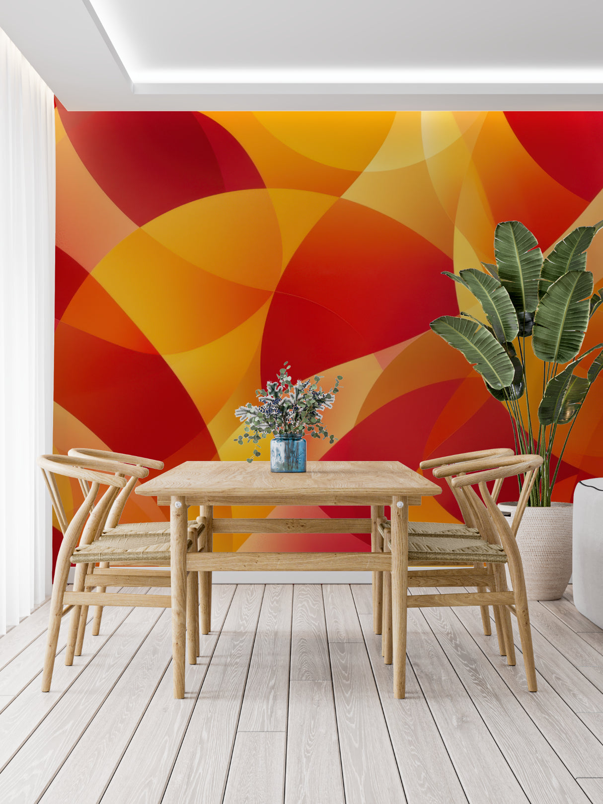 Modern abstract wallpaper with orange circles in a stylish dining room