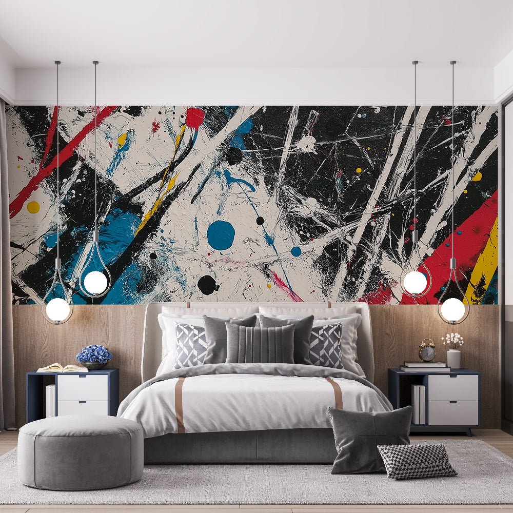 Abstract paint splash wallpaper creating modern art impact in a bright contemporary living room with white furniture