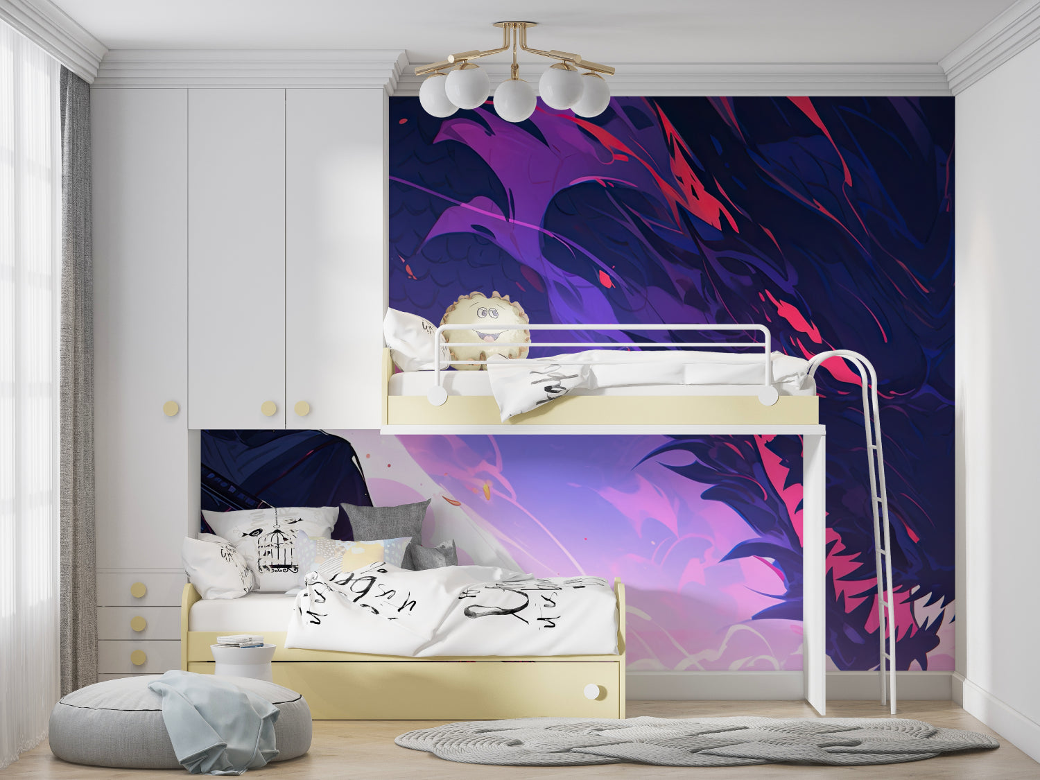Modern abstract wall mural with purple tones making a bold statement in a home office