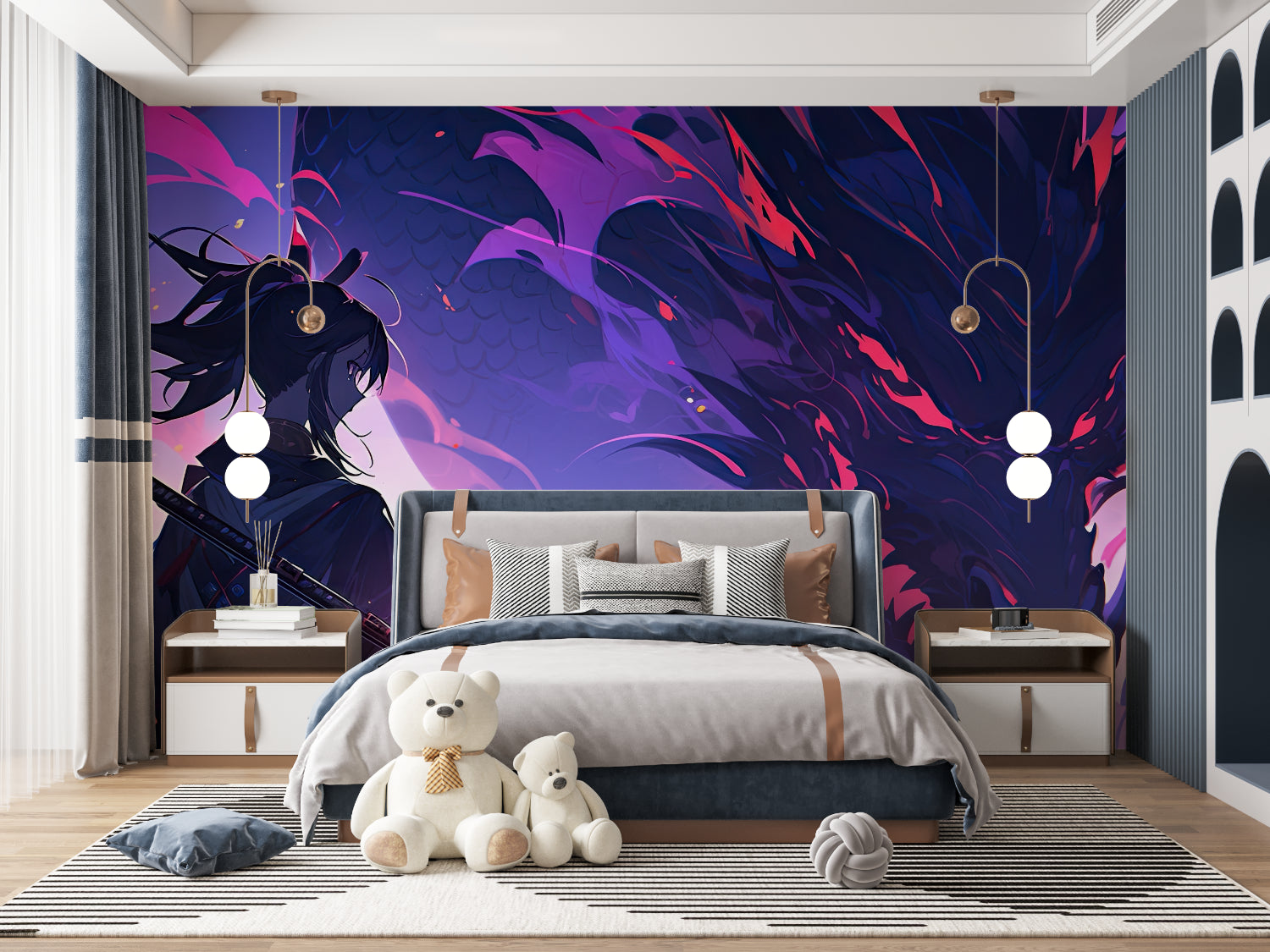 Dynamic abstract mural wallpaper transforming a modern dining room with purple and blue hues