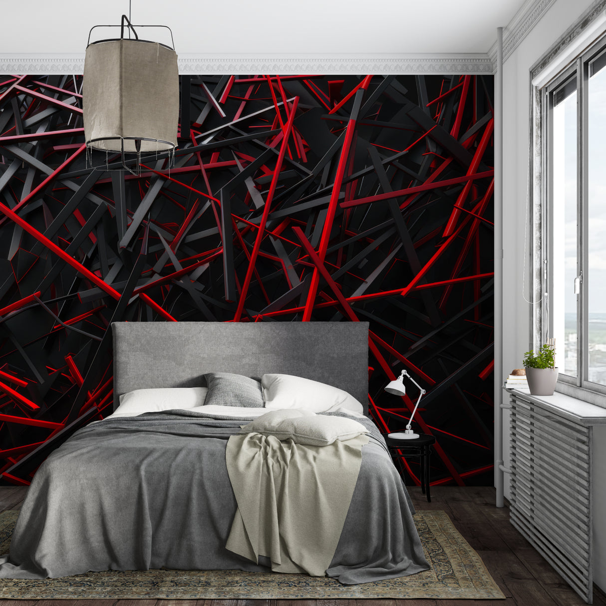 Modern office space featuring abstract red and black 3D geometric wallpaper creating dynamic atmosphere