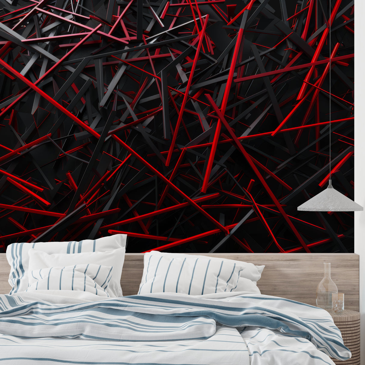 Living room with bold geometric abstract wallpaper in red and black tones adding depth