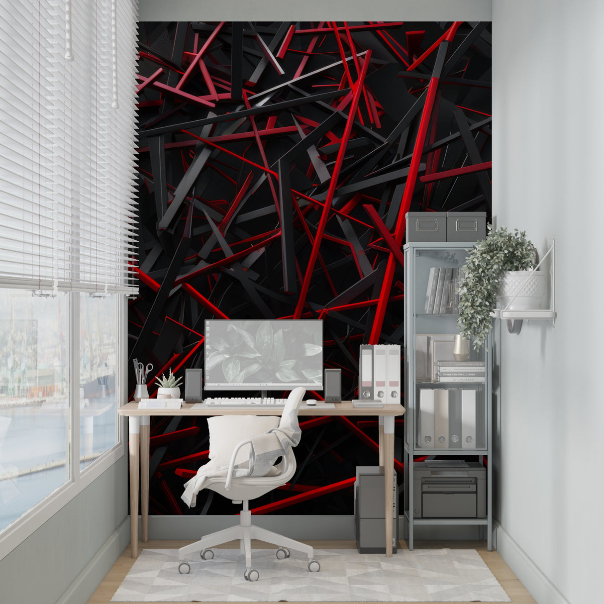Contemporary bedroom with 3D abstract wall mural showing red and black geometric pattern
