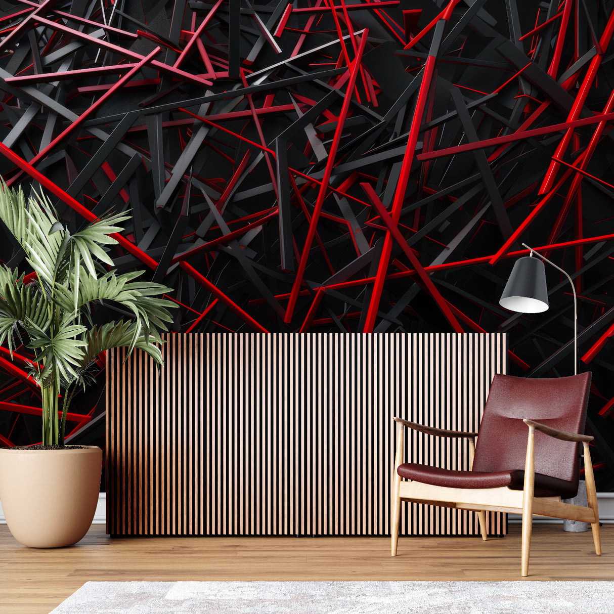 Restaurant interior featuring striking red and black abstract geometric wallpaper