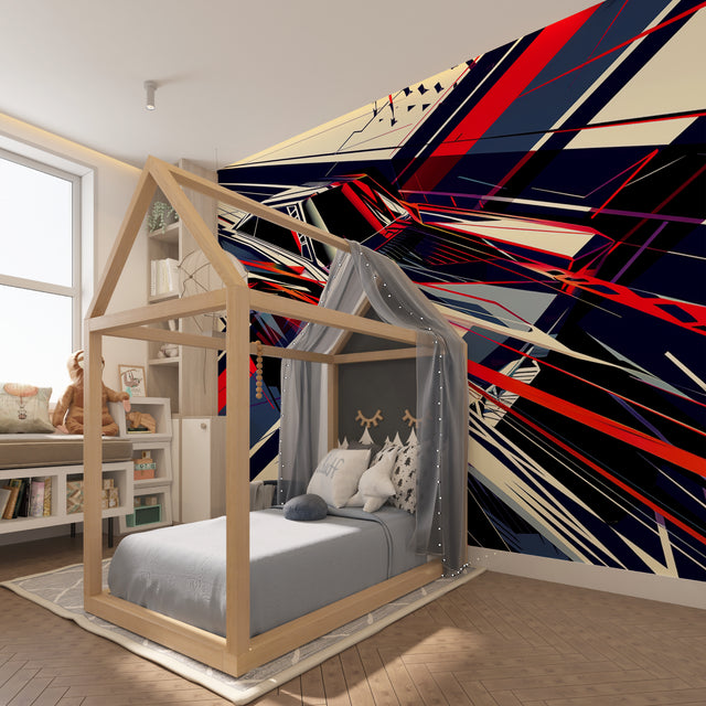 Modern abstract wallpaper with red and navy geometric pattern in a minimalist living room setting