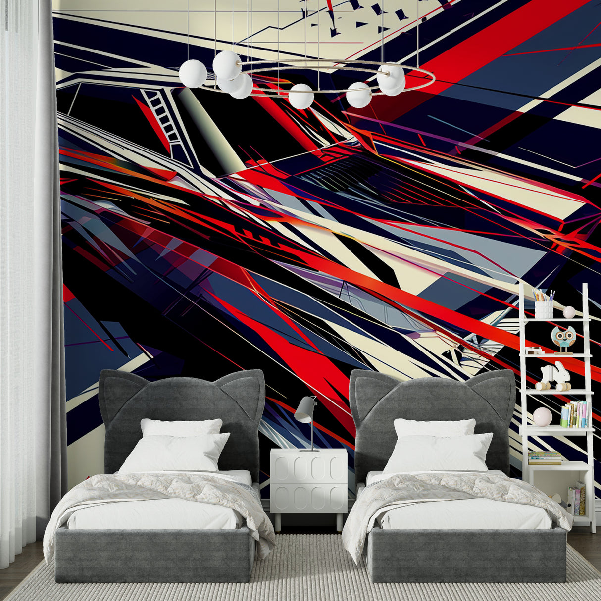 Geometric abstract wall mural creating drama in a contemporary office space