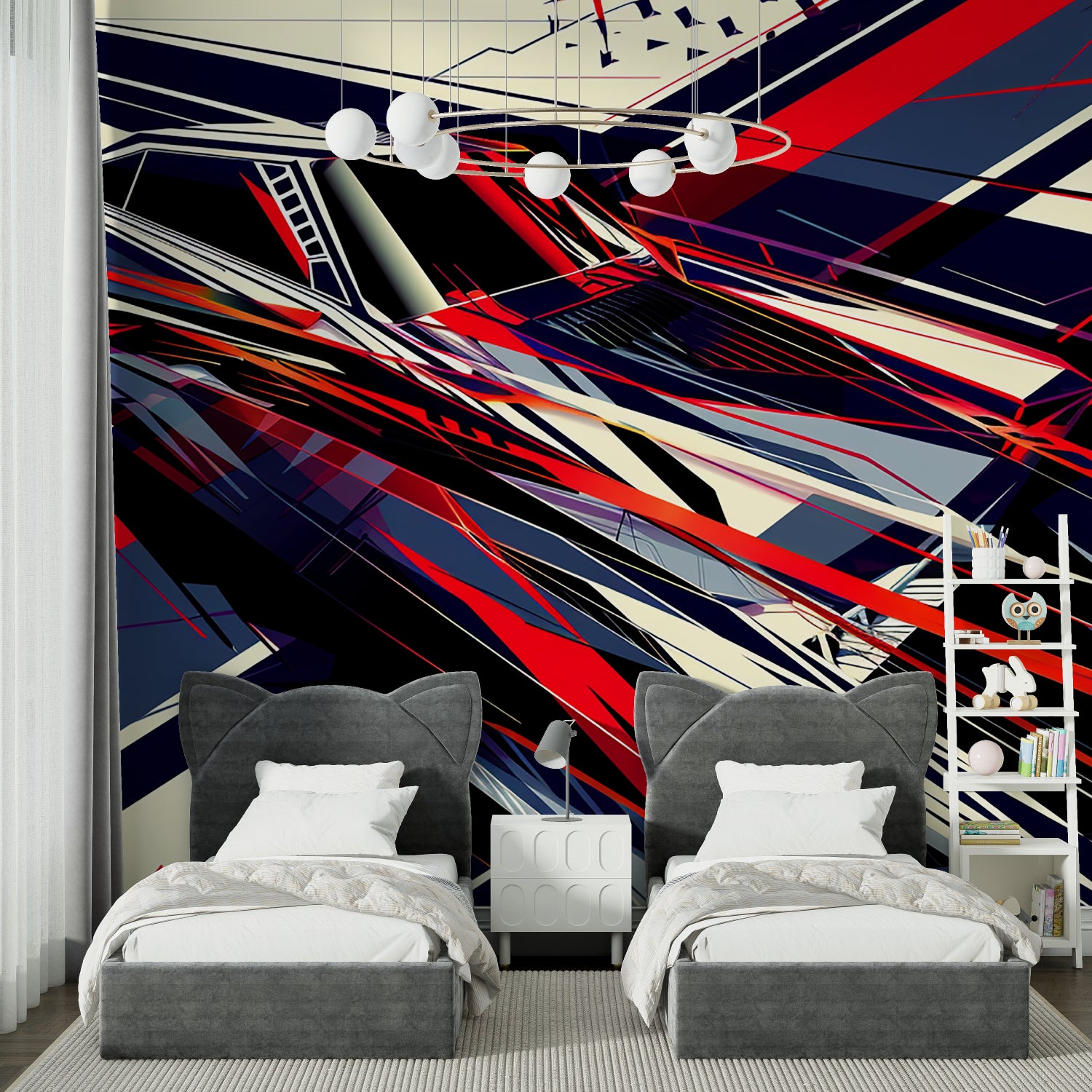Geometric abstract wall mural creating drama in a contemporary office space
