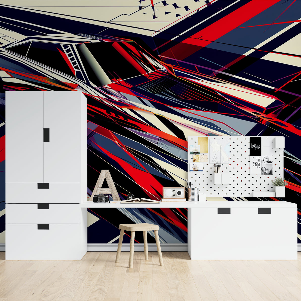 Bold red and navy abstract wallpaper making a statement in an urban dining room