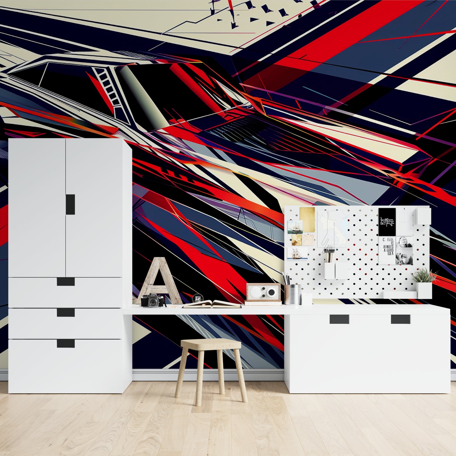 Bold red and navy abstract wallpaper making a statement in an urban dining room