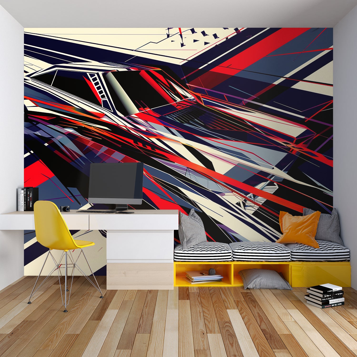 Dynamic geometric pattern wallpaper bringing energy to a modern bedroom
