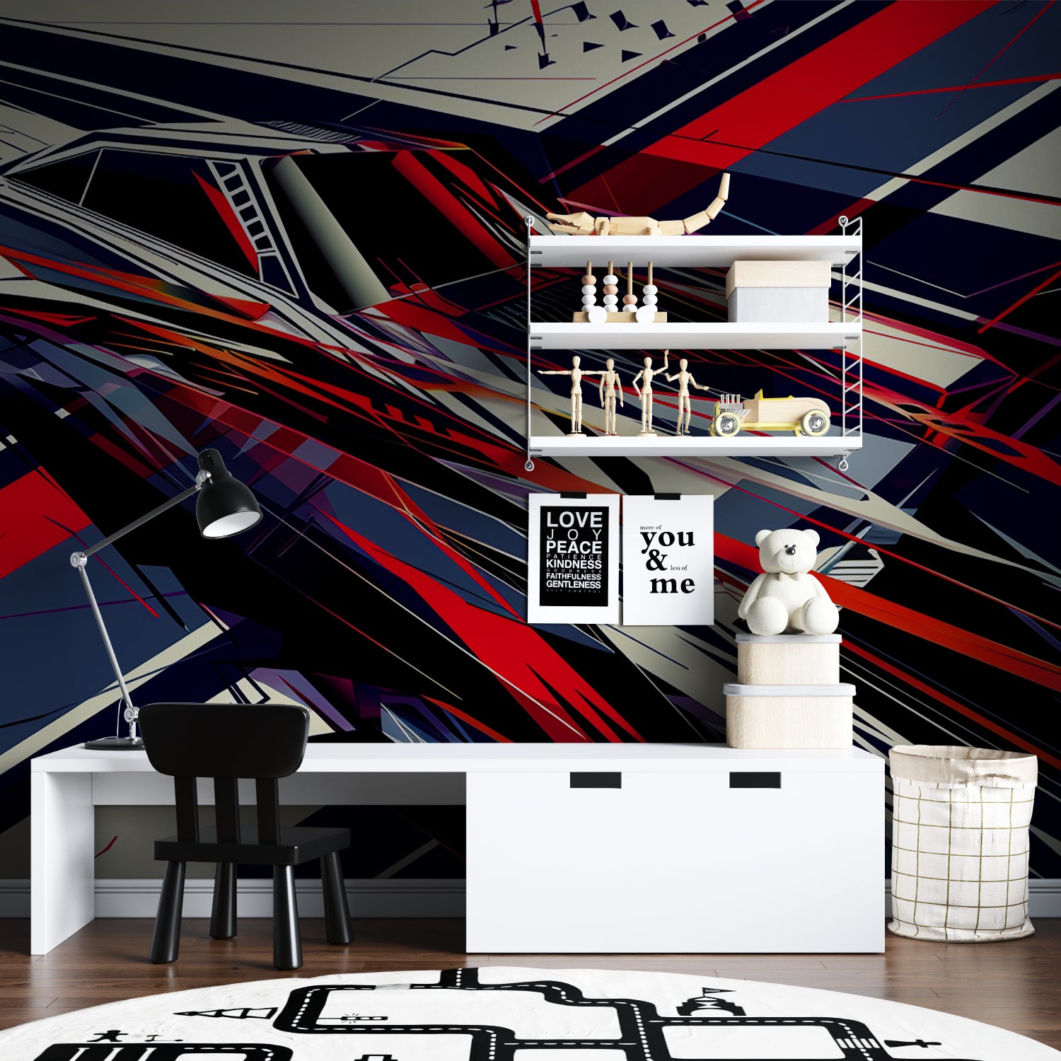 Abstract wall mural showcasing bold angles in a creative workspace