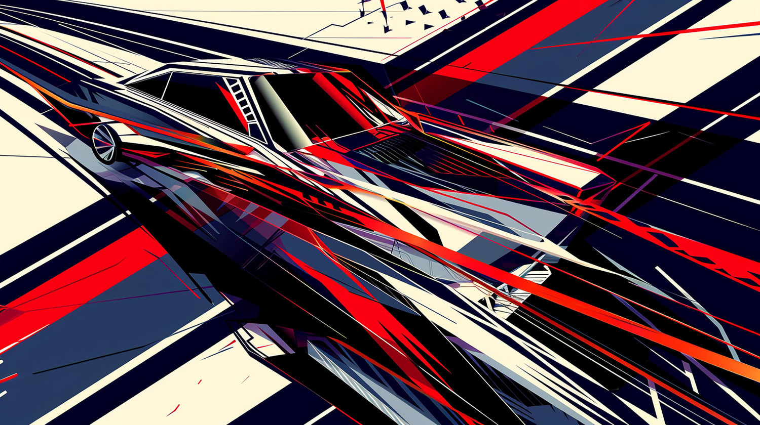 Design file showing geometric abstract pattern with sharp red and navy shapes