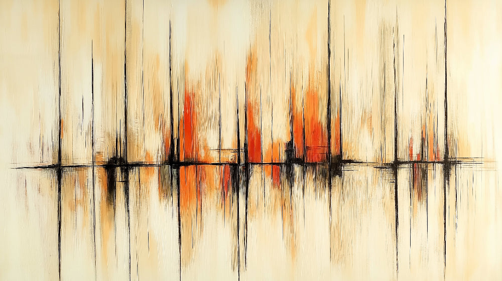 Modern living room featuring Abstract Sound Wave Wallpaper with orange and black dynamic pattern creating a bold artistic statement