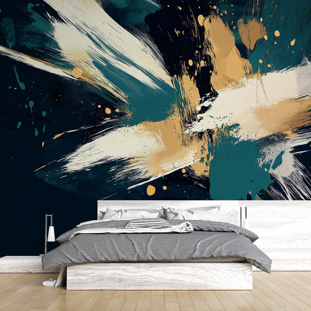 Abstract teal and gold splash wallpaper mural creating dramatic impact in a modern living room with high ceilings