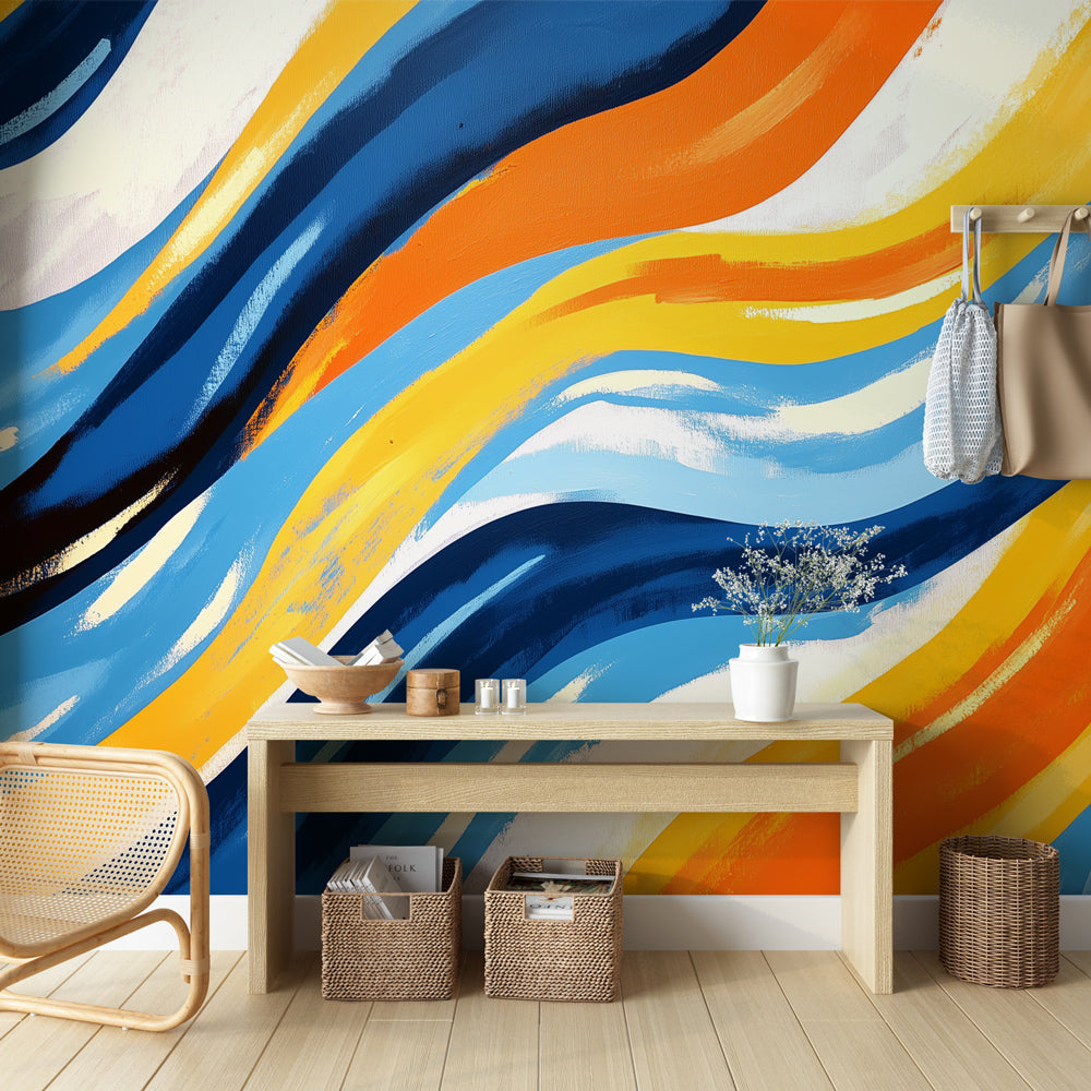 Abstract wave wallpaper with blue and orange tones shown in a modern living room setting, creating dynamic movement and energy