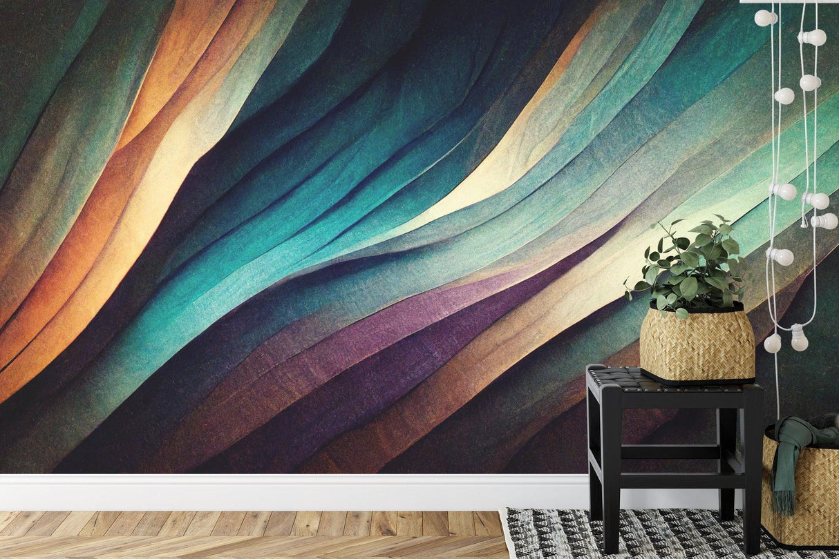 Modern dining room with purple and teal abstract wave mural