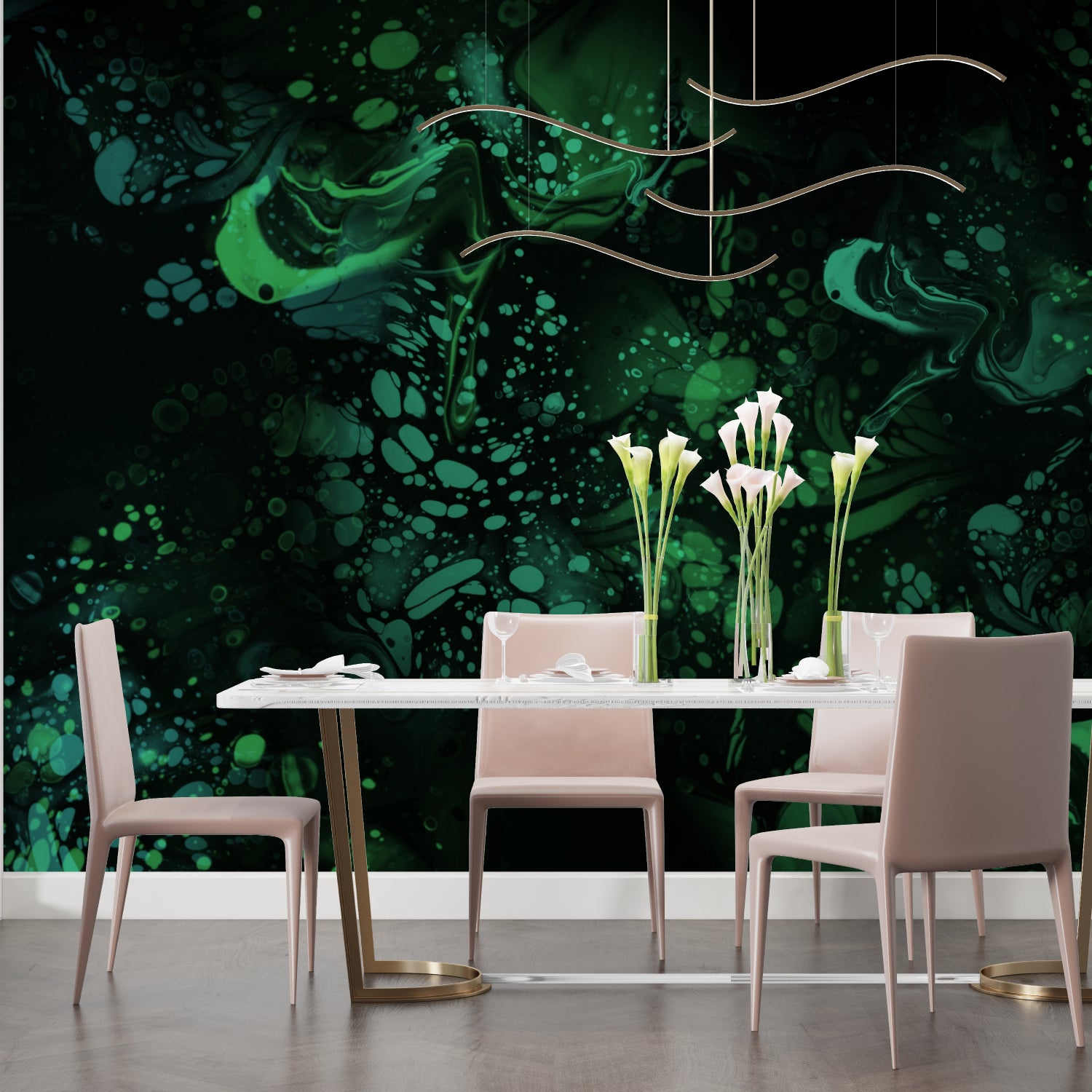 Abstract green marble effect feature wall in modern entrance hallway