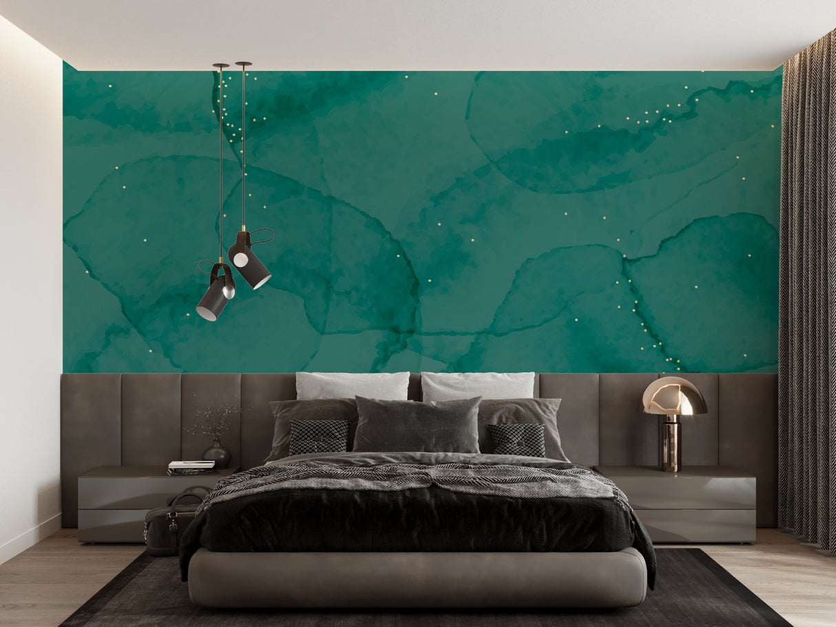 Emerald green and gold abstract wallpaper in modern living room creating an elegant atmosphere