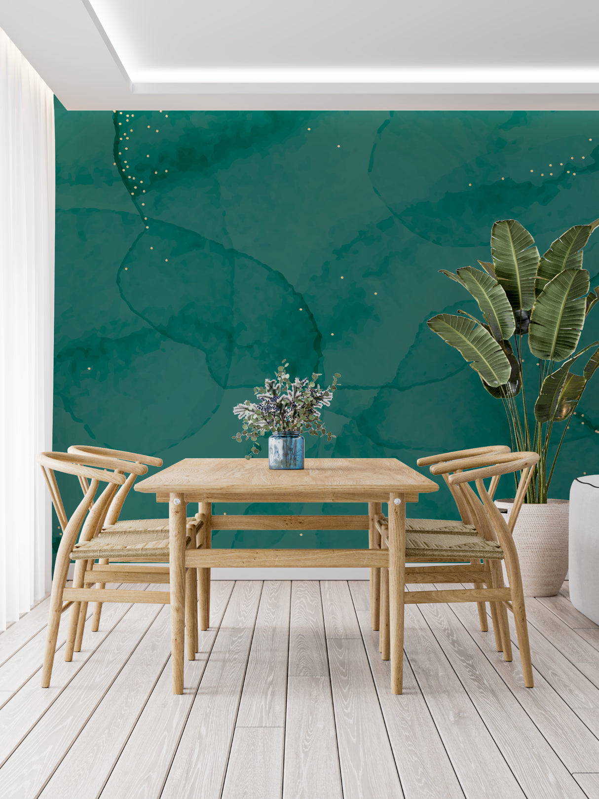 Abstract green wallpaper with gold sparkles making a dining room look luxurious