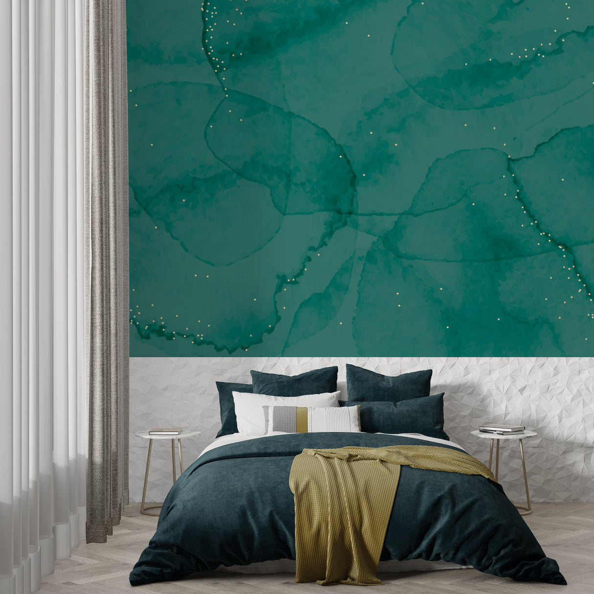 Green and gold abstract mural wallpaper brightening a home office space
