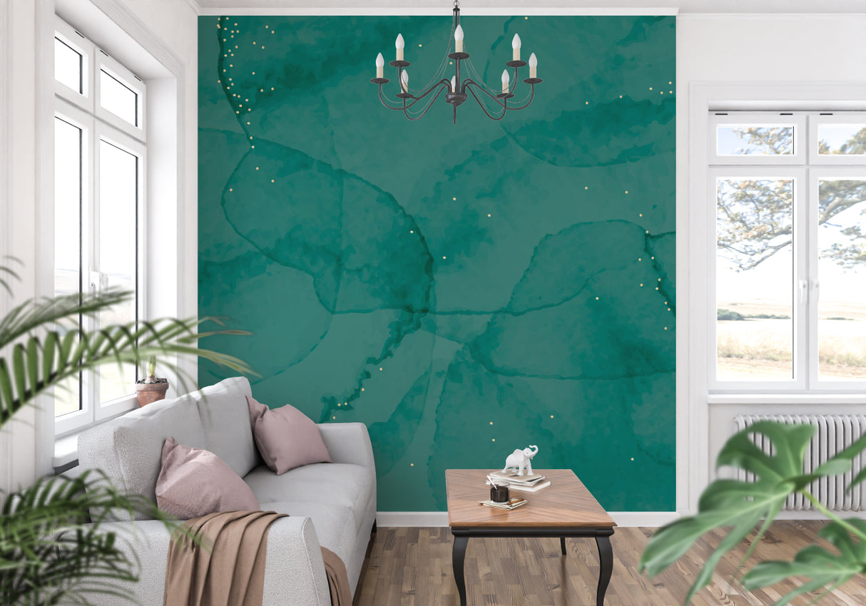 Luxury green and gold wallpaper creating depth in entrance hallway