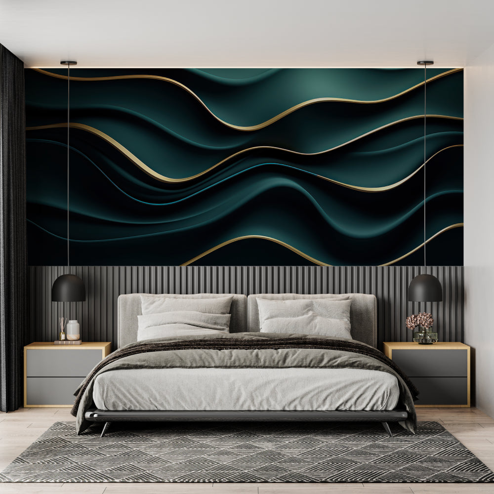 Emerald and gold abstract wallpaper mural in modern living room with grey sofa and natural light