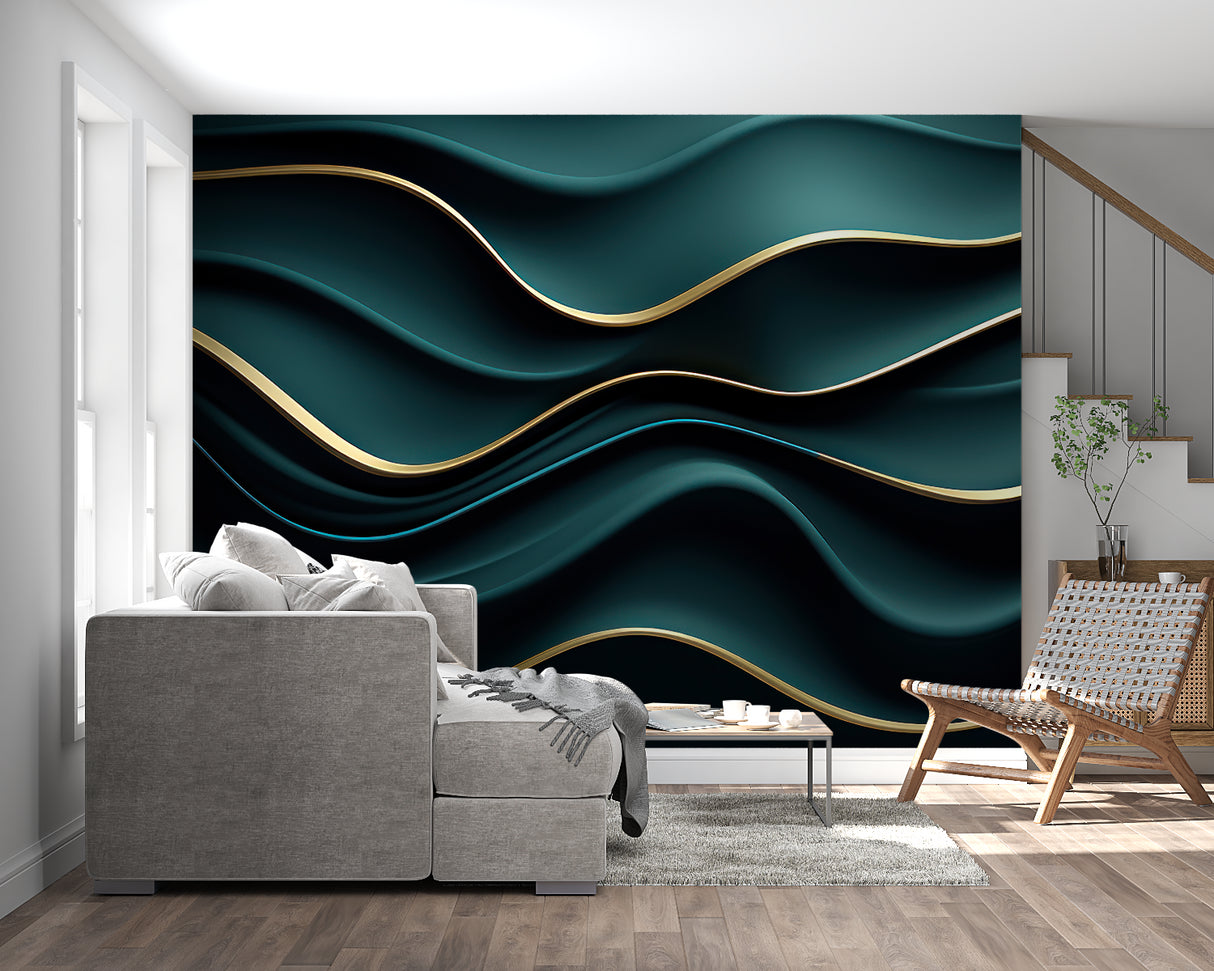 Abstract wave wallpaper with gold accents in master bedroom creating luxury atmosphere